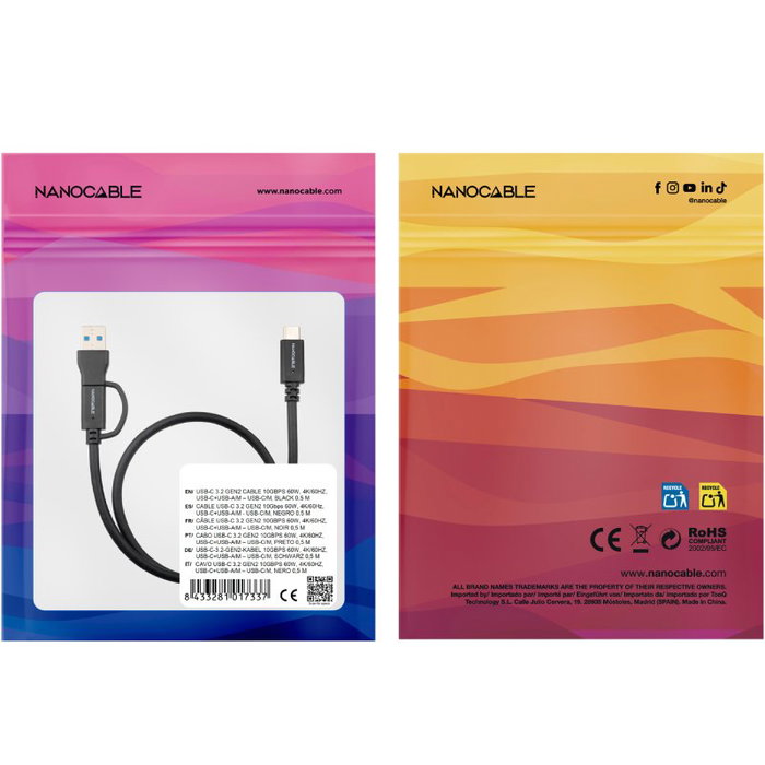 Nanocable Cable USB 3.2 Gen2 con Cabezal Intercambiable USB-C/USB-A a USB-C, 60W, 4K, 3m, Negro